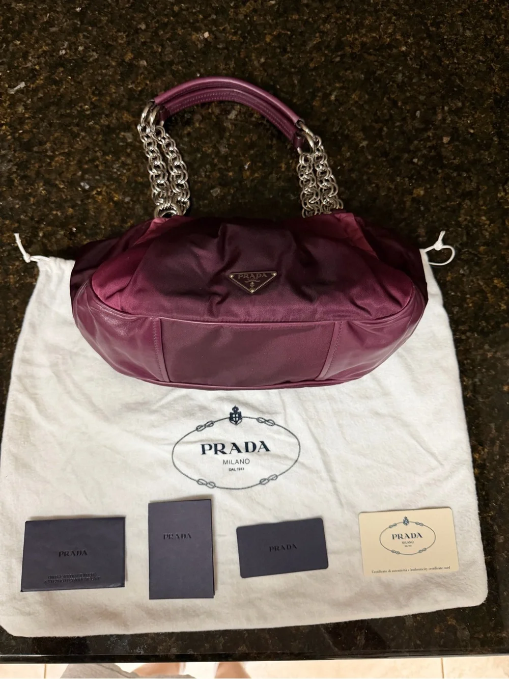 Prada Two-Tone Plum Satin Shoulder Bag with Chain Handles - Picture 4 of 14